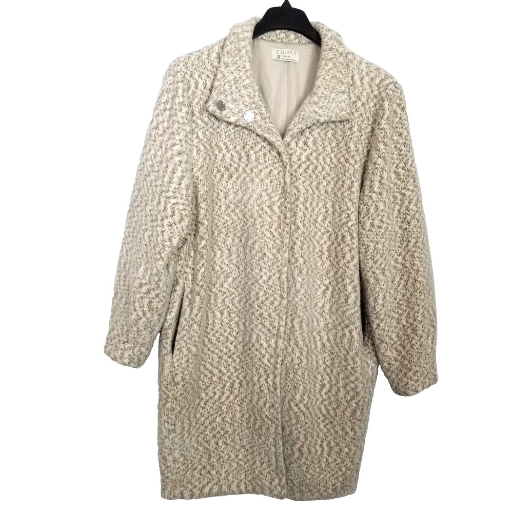 Z Supply Women Connor Mohair Knit Coat Sz XL Snap Front Cocoon Beige Printed
